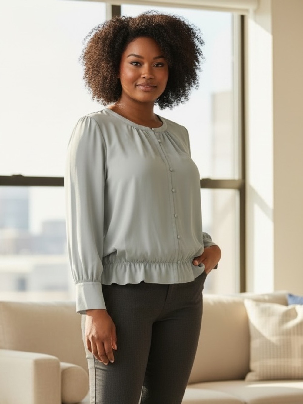 Ann Taylor Pale Seam Foam/Gray Button-Front Blouse with Ruffle Hem